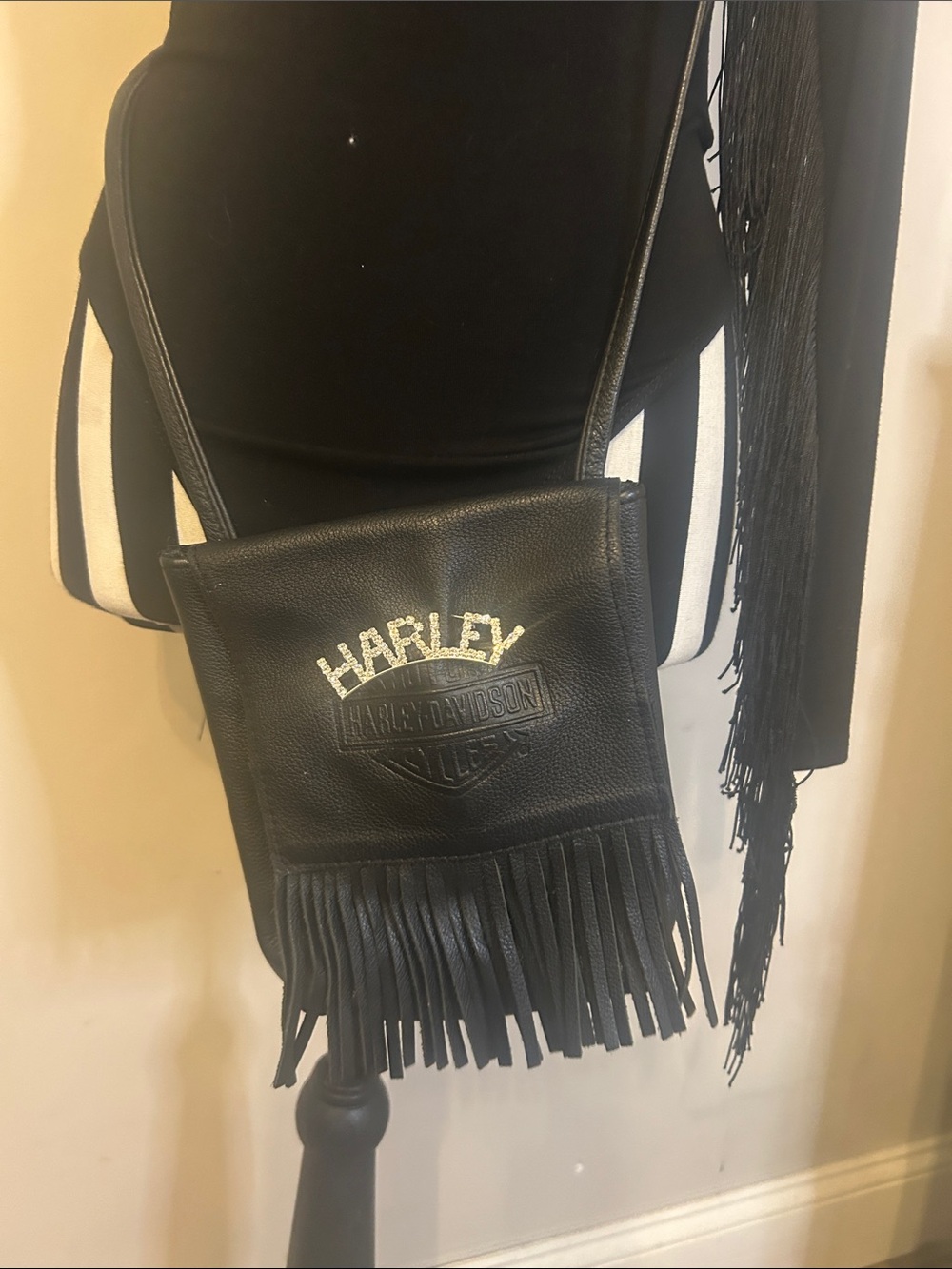 Vintage Harley-Davidson Black Leather Fringe Crossbody with Embellished HARLEY